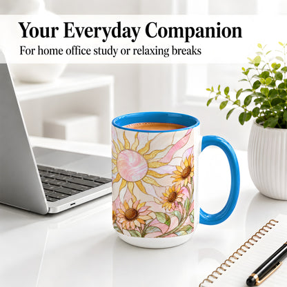 #pl[15oz|Blue] Stained Glass Sunflower Ceramic Mug, Pastel Sun Art for Flower Fans