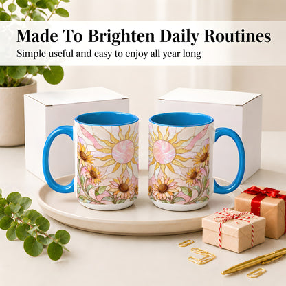 #pl[15oz|Blue] Stained Glass Sunflower Ceramic Mug, Pastel Sun Art for Flower Fans