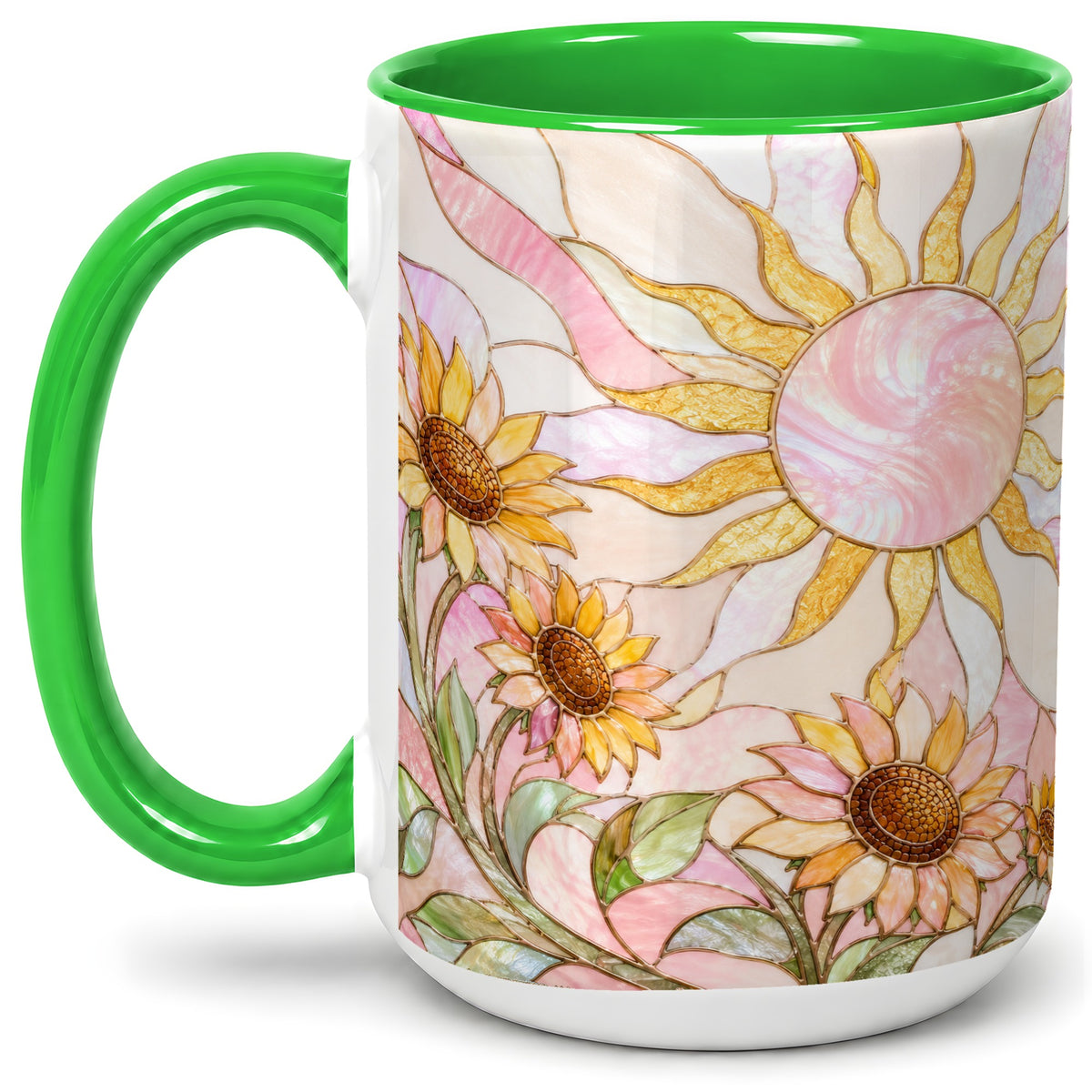 #pl[15oz|Green] Stained Glass Sunflower Ceramic Mug, Pastel Sun Art for Flower Fans