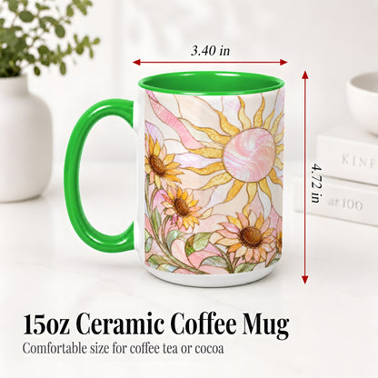 #pl[15oz|Green] Stained Glass Sunflower Ceramic Mug, Pastel Sun Art for Flower Fans