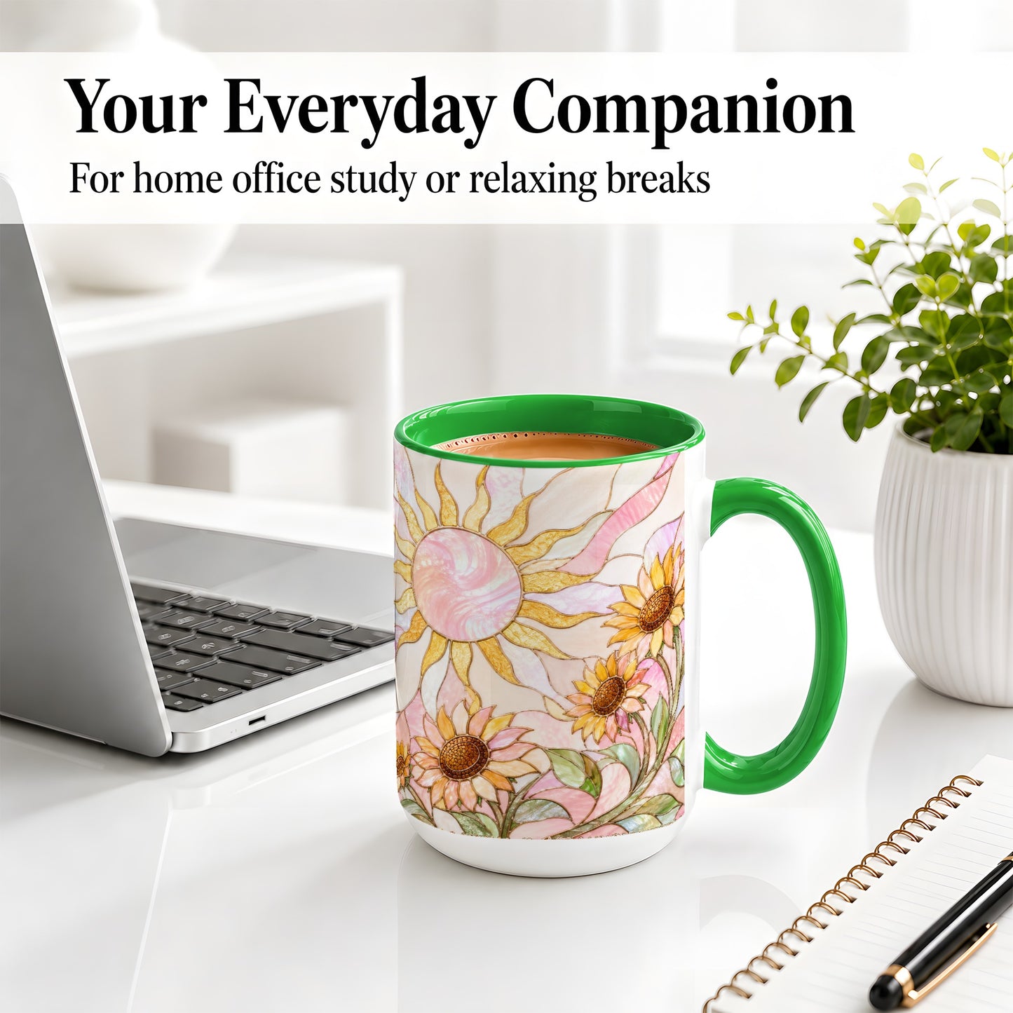 #pl[15oz|Green] Stained Glass Sunflower Ceramic Mug, Pastel Sun Art for Flower Fans