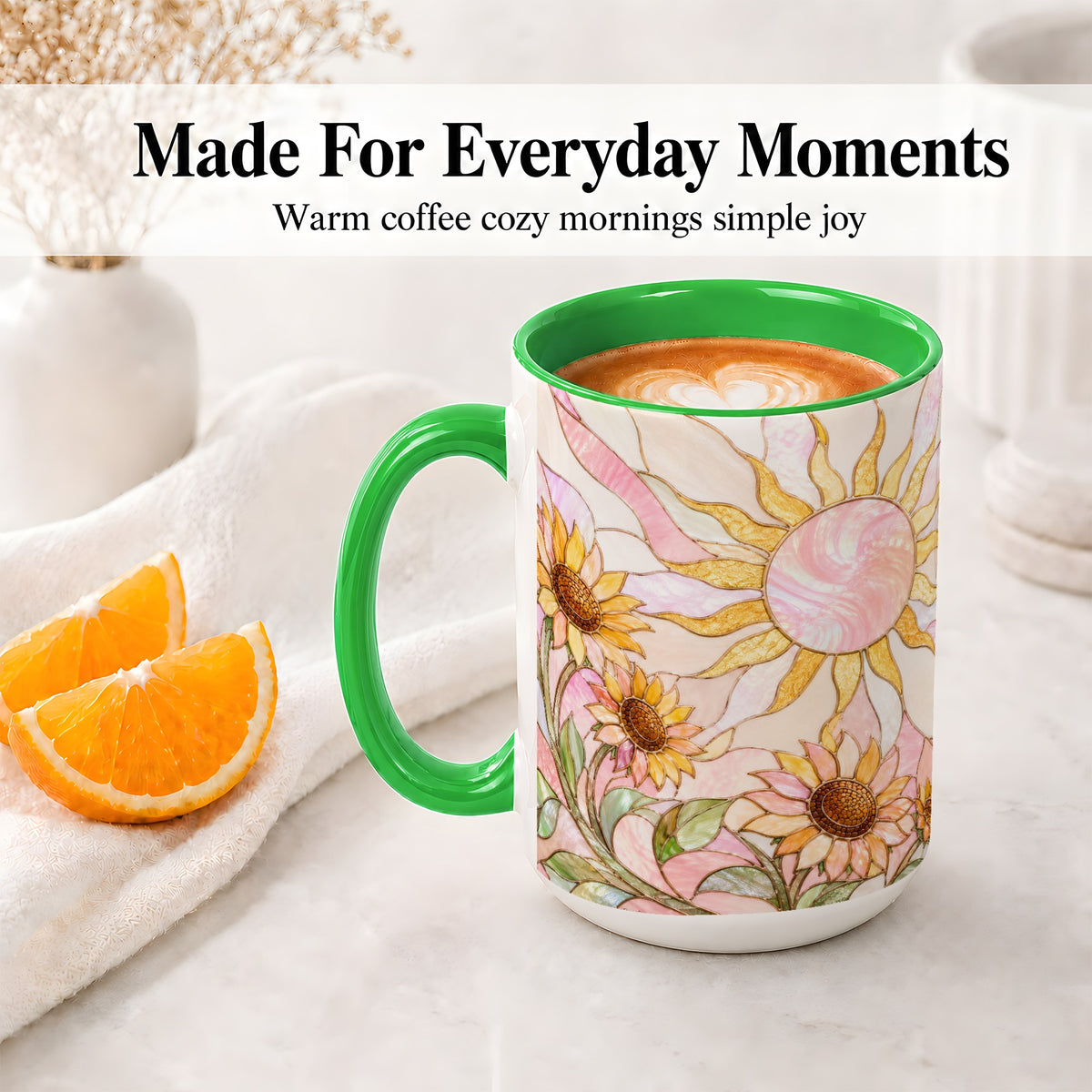 #pl[15oz|Green] Stained Glass Sunflower Ceramic Mug, Pastel Sun Art for Flower Fans