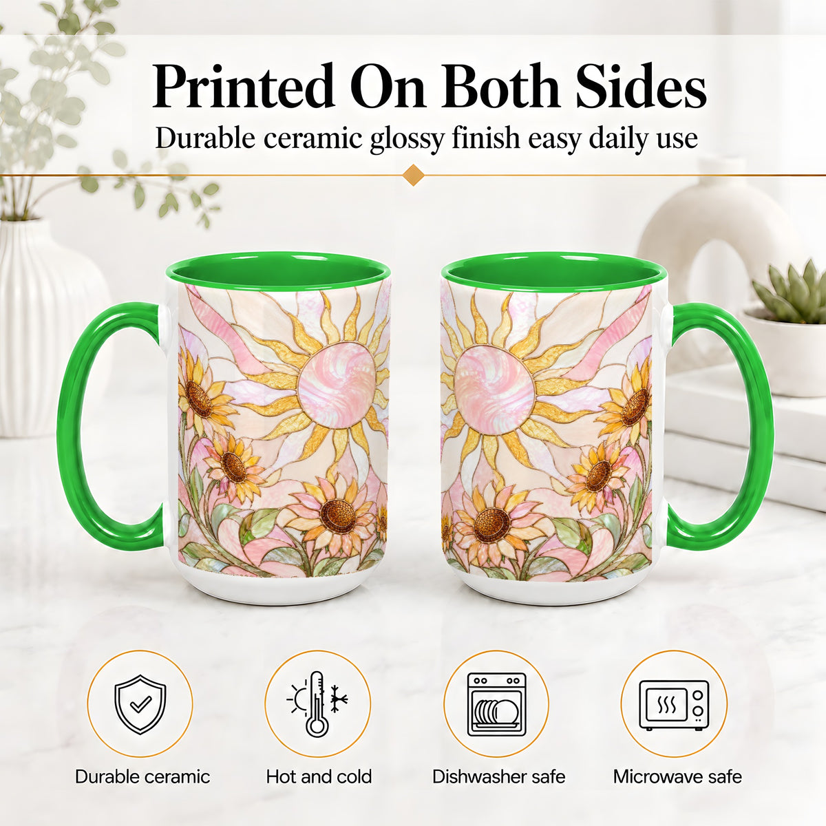 #pl[15oz|Green] Stained Glass Sunflower Ceramic Mug, Pastel Sun Art for Flower Fans