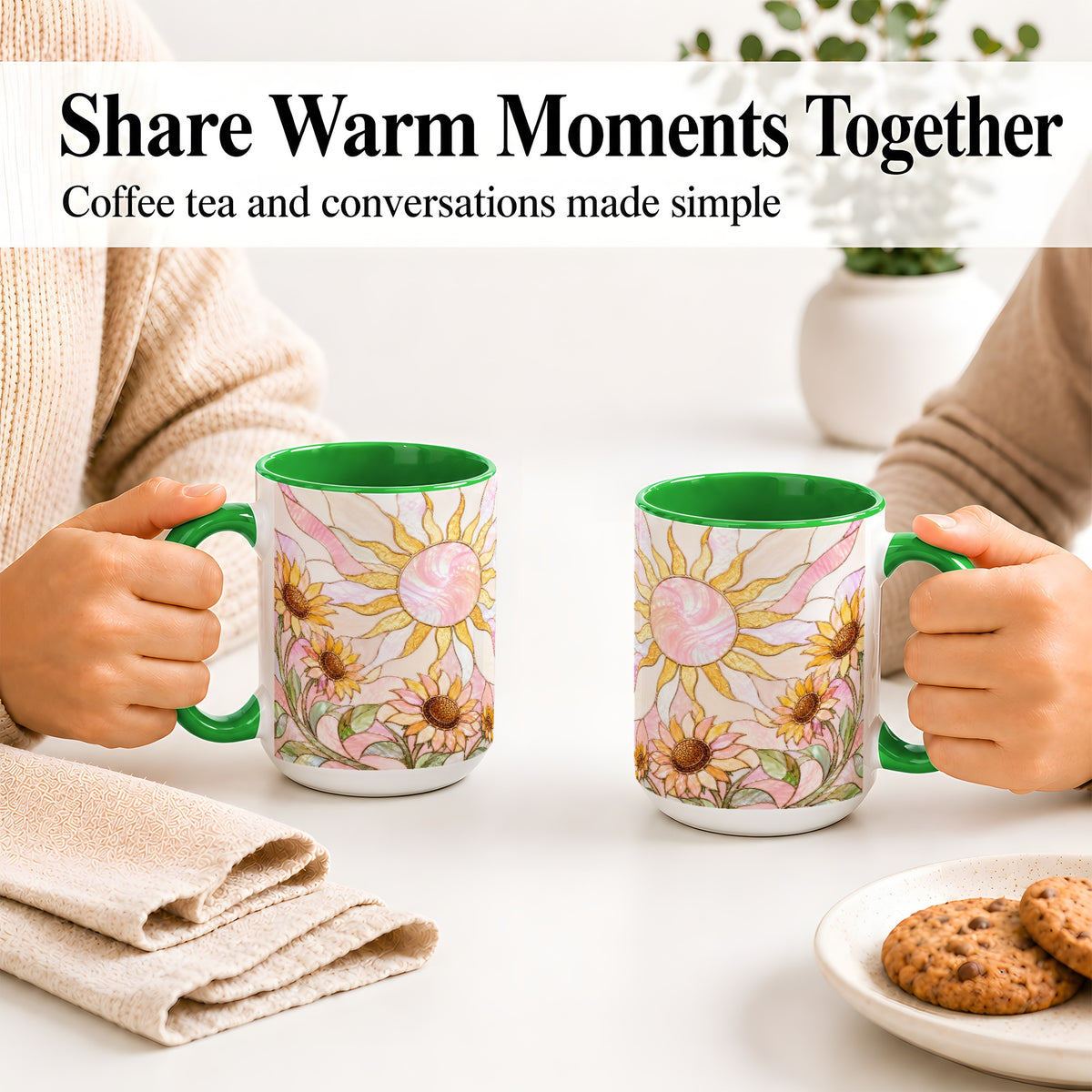 #pl[15oz|Green] Stained Glass Sunflower Ceramic Mug, Pastel Sun Art for Flower Fans
