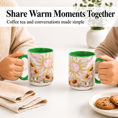 #pl[15oz|Green] Stained Glass Sunflower Ceramic Mug, Pastel Sun Art for Flower Fans