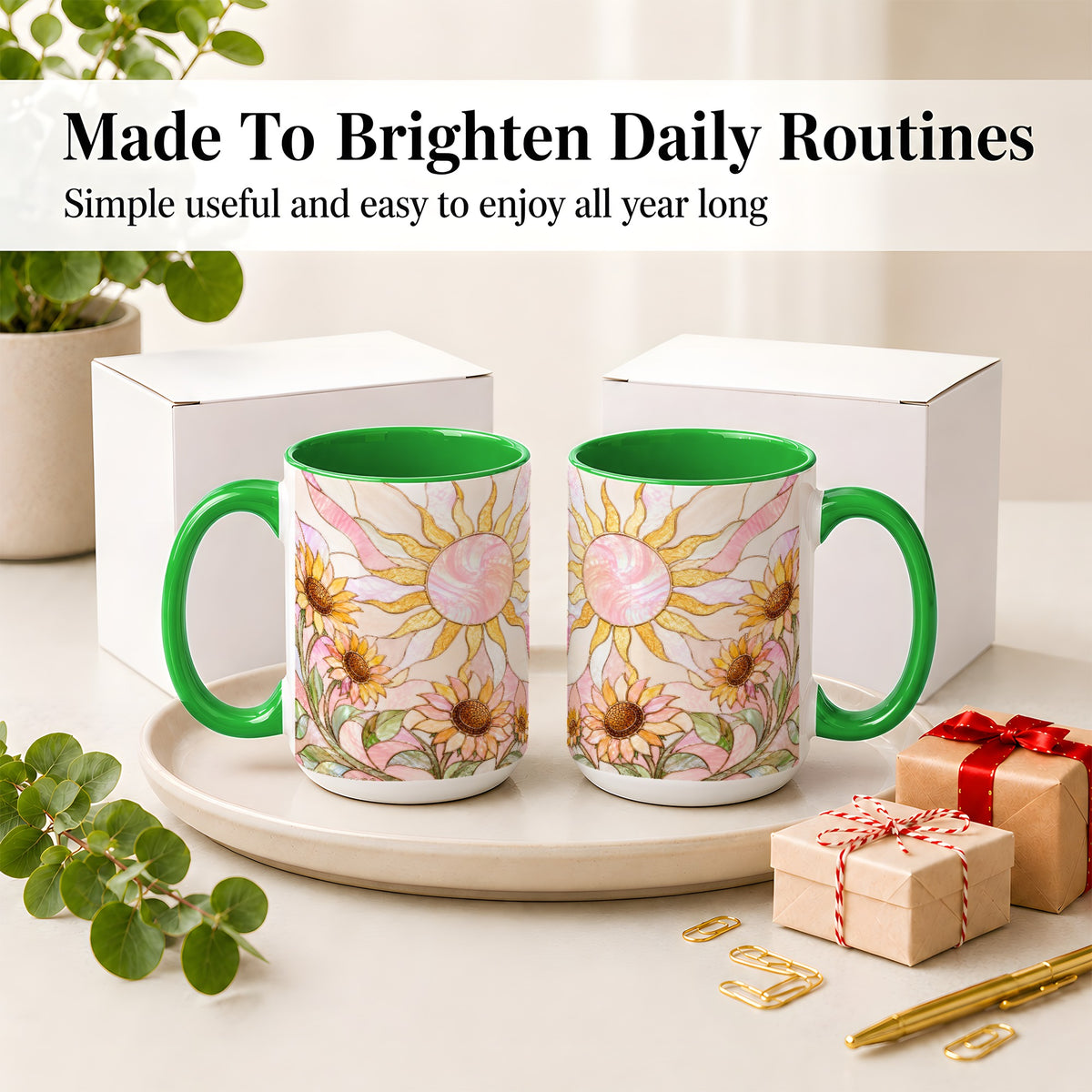 #pl[15oz|Green] Stained Glass Sunflower Ceramic Mug, Pastel Sun Art for Flower Fans