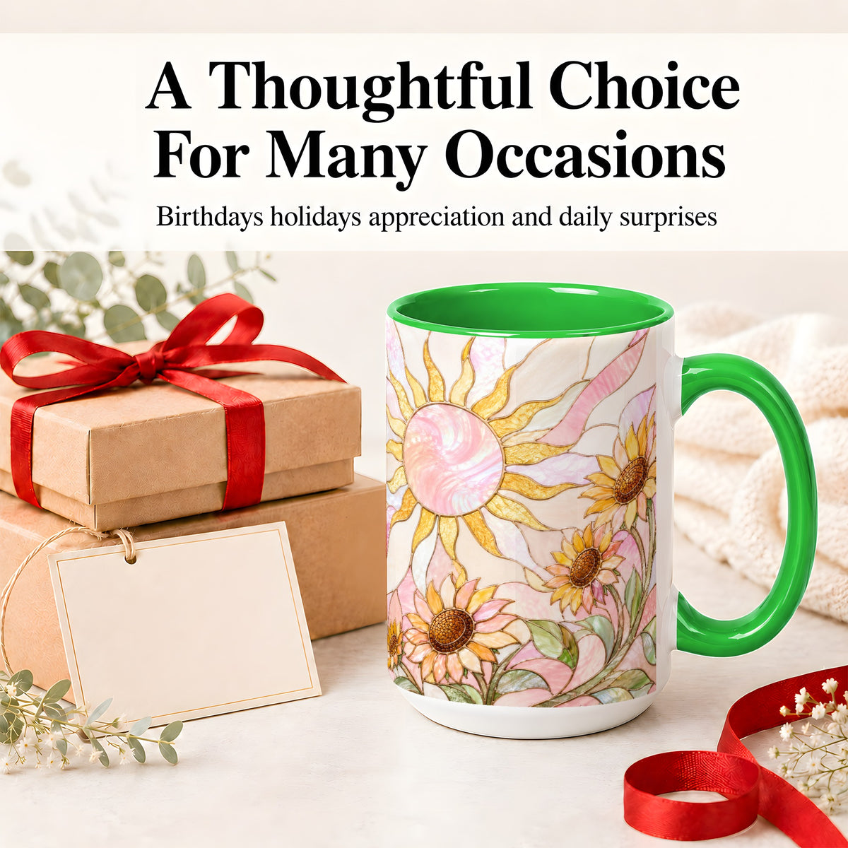 #pl[15oz|Green] Stained Glass Sunflower Ceramic Mug, Pastel Sun Art for Flower Fans