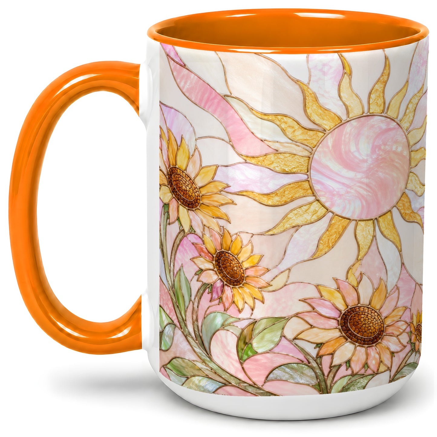 #pl[15oz|Orange] Stained Glass Sunflower Ceramic Mug, Pastel Sun Art for Flower Fans