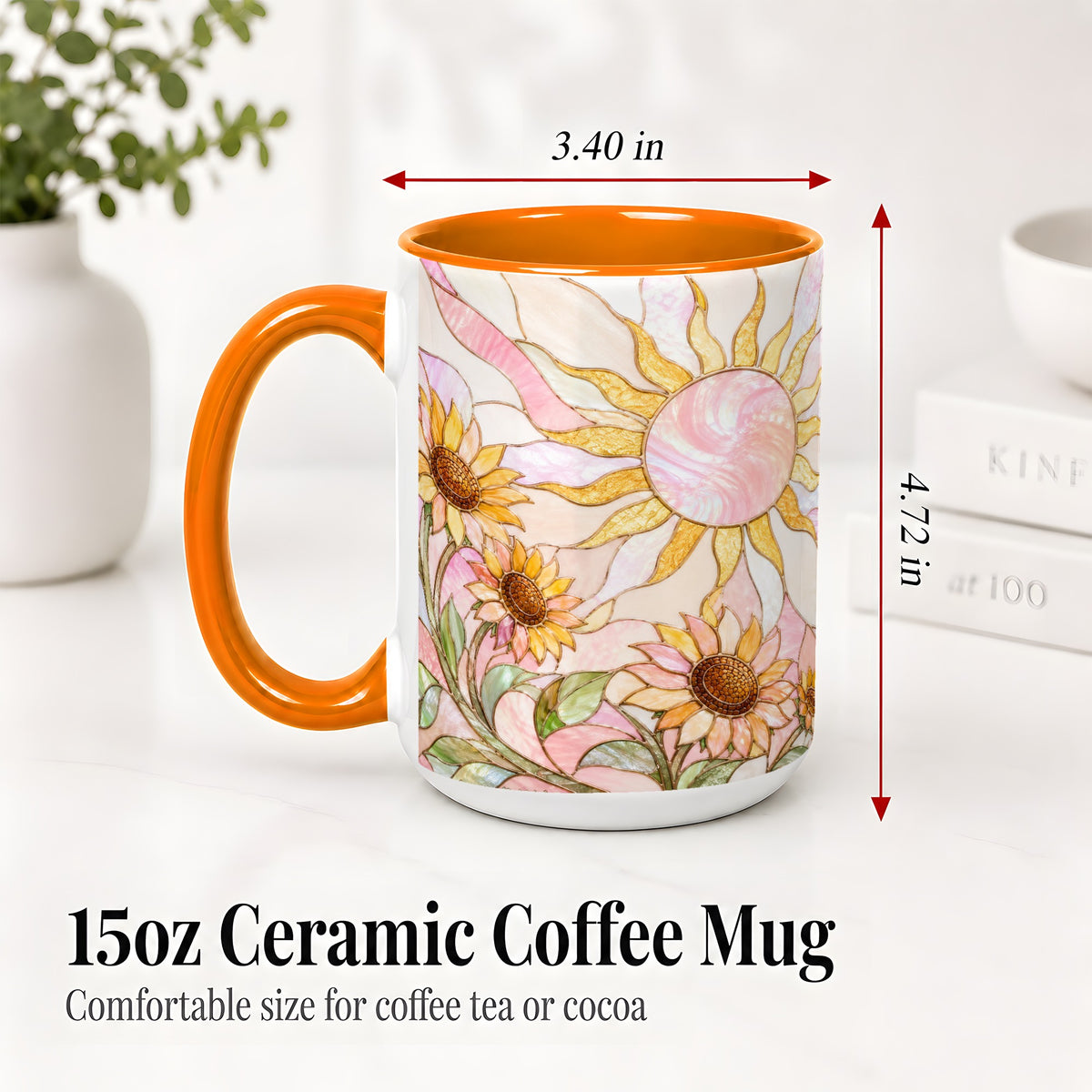 #pl[15oz|Orange] Stained Glass Sunflower Ceramic Mug, Pastel Sun Art for Flower Fans