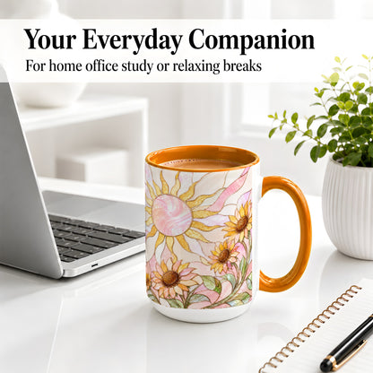 #pl[15oz|Orange] Stained Glass Sunflower Ceramic Mug, Pastel Sun Art for Flower Fans