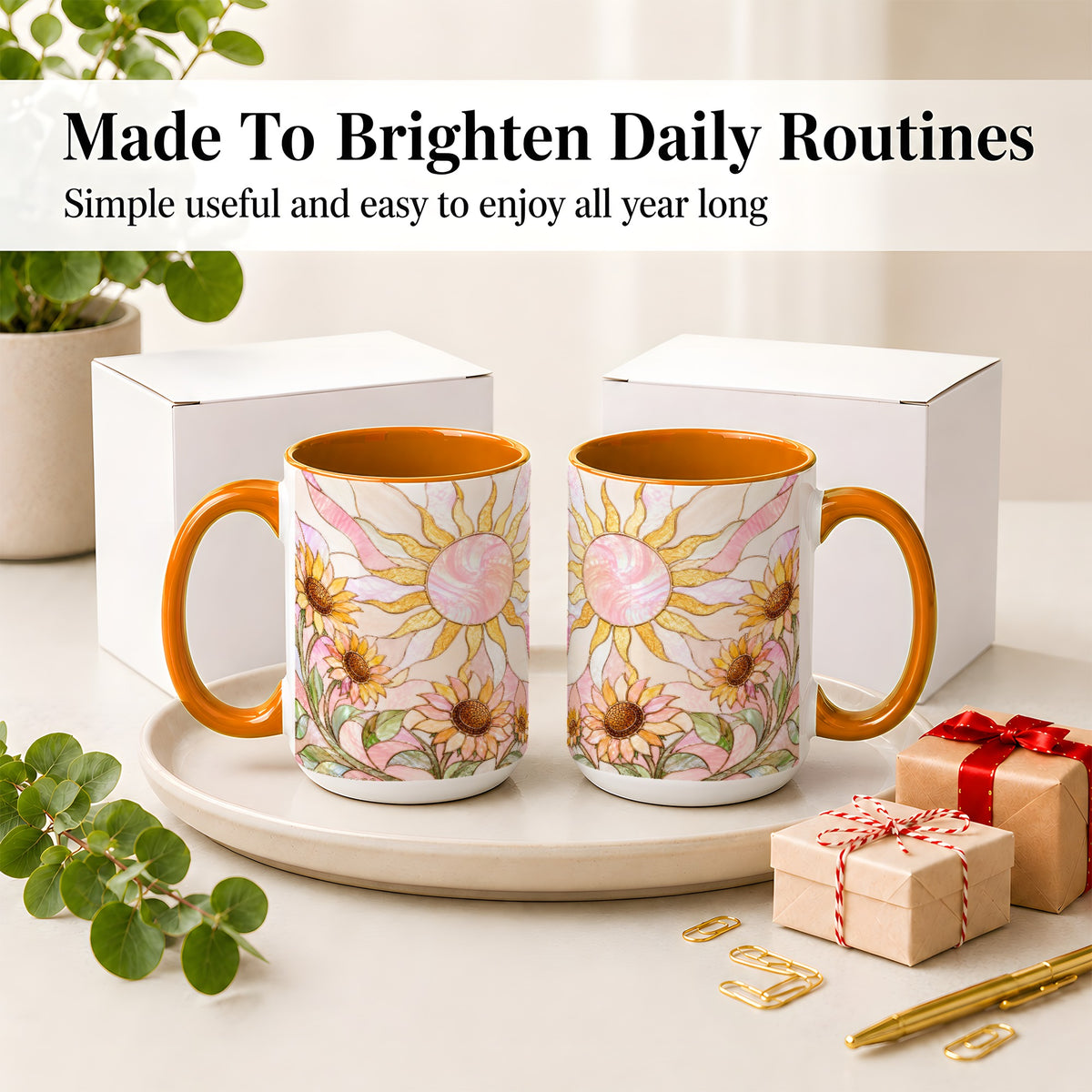 #pl[15oz|Orange] Stained Glass Sunflower Ceramic Mug, Pastel Sun Art for Flower Fans