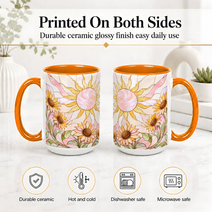 #pl[15oz|Orange] Stained Glass Sunflower Ceramic Mug, Pastel Sun Art for Flower Fans