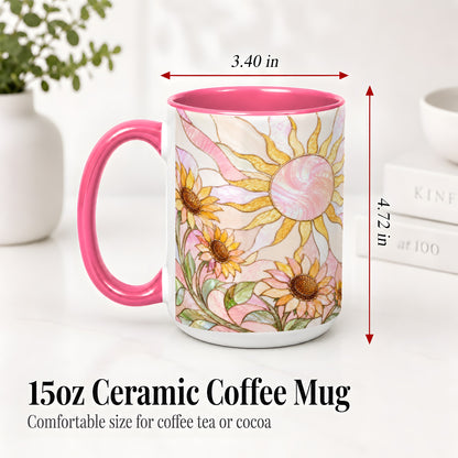 #pl[15oz|Pink] Stained Glass Sunflower Ceramic Mug, Pastel Sun Art for Flower Fans
