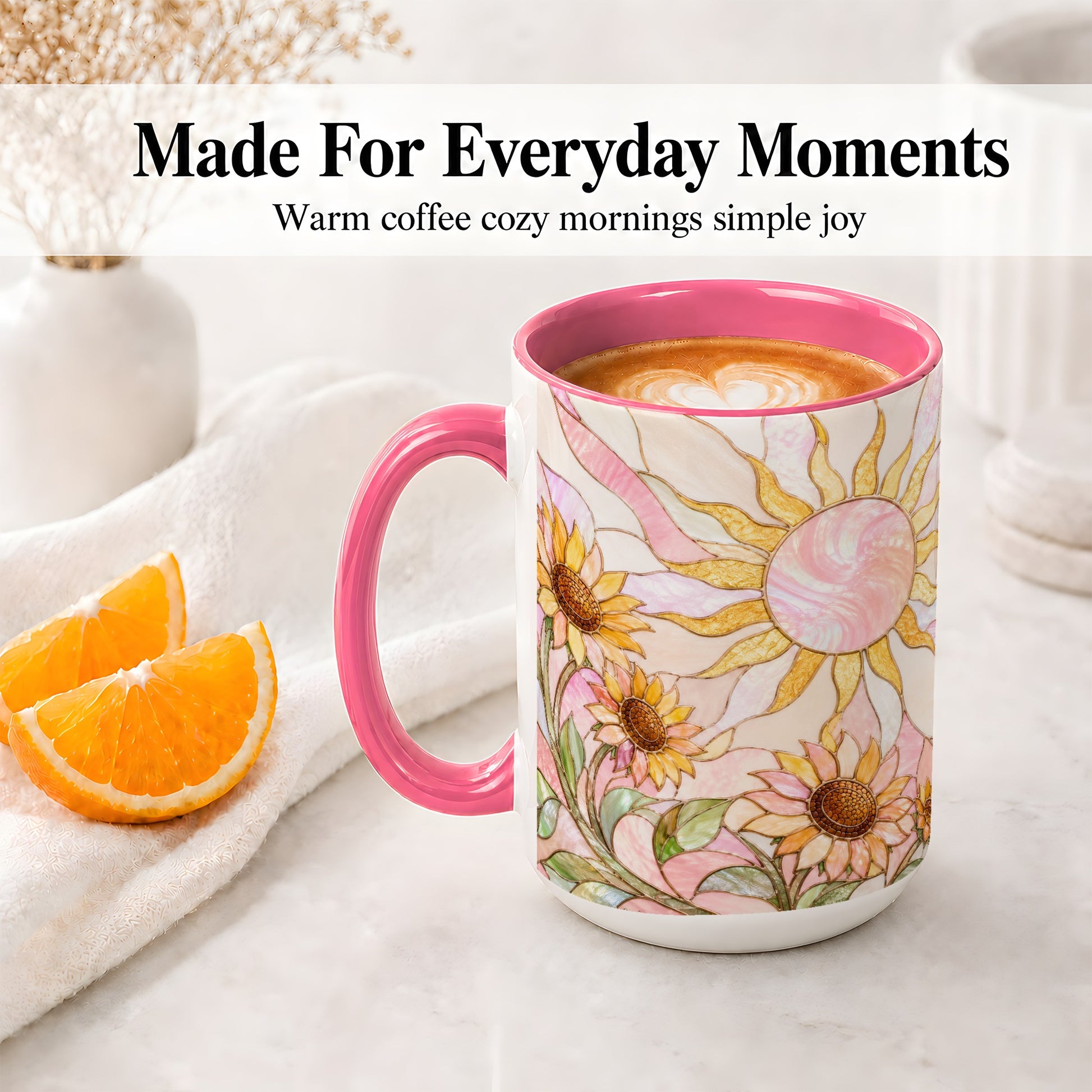#pl[15oz|Pink] Stained Glass Sunflower Ceramic Mug, Pastel Sun Art for Flower Fans