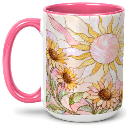 #pl[15oz|Pink] Stained Glass Sunflower Ceramic Mug, Pastel Sun Art for Flower Fans
