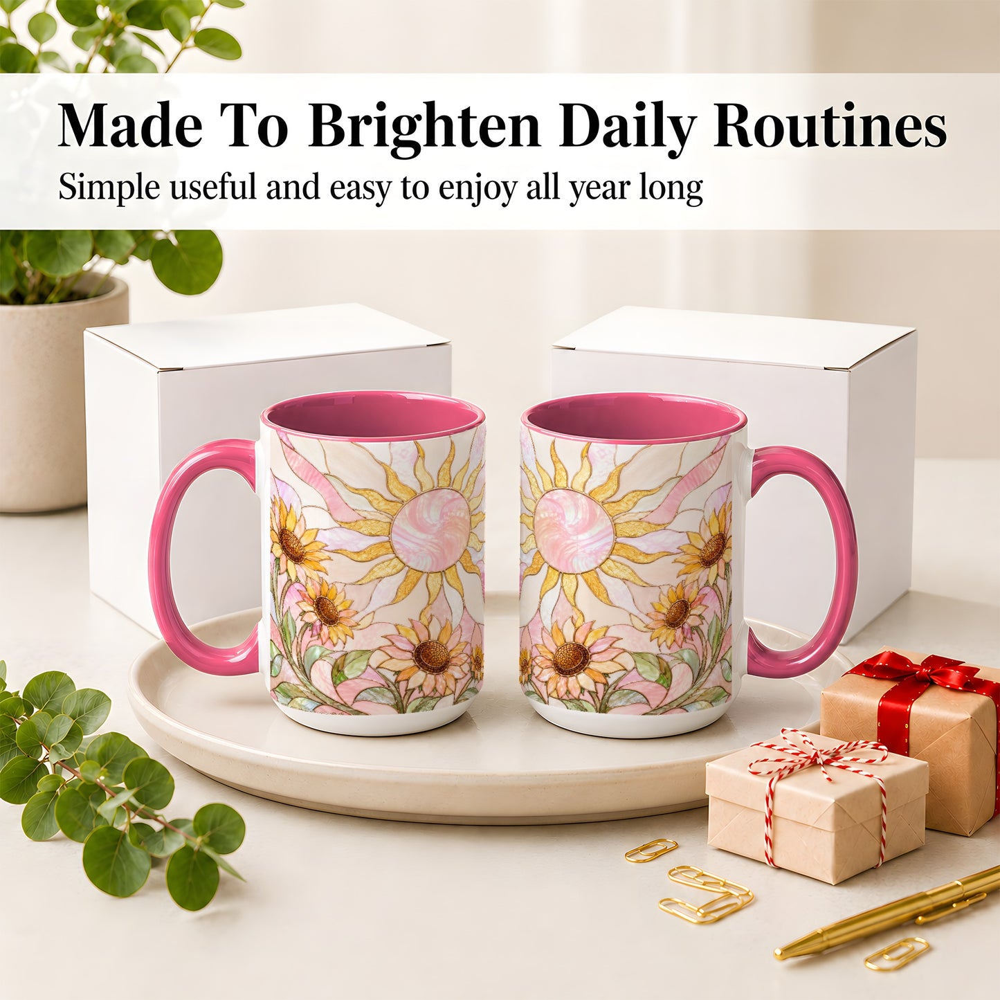 #pl[15oz|Pink] Stained Glass Sunflower Ceramic Mug, Pastel Sun Art for Flower Fans