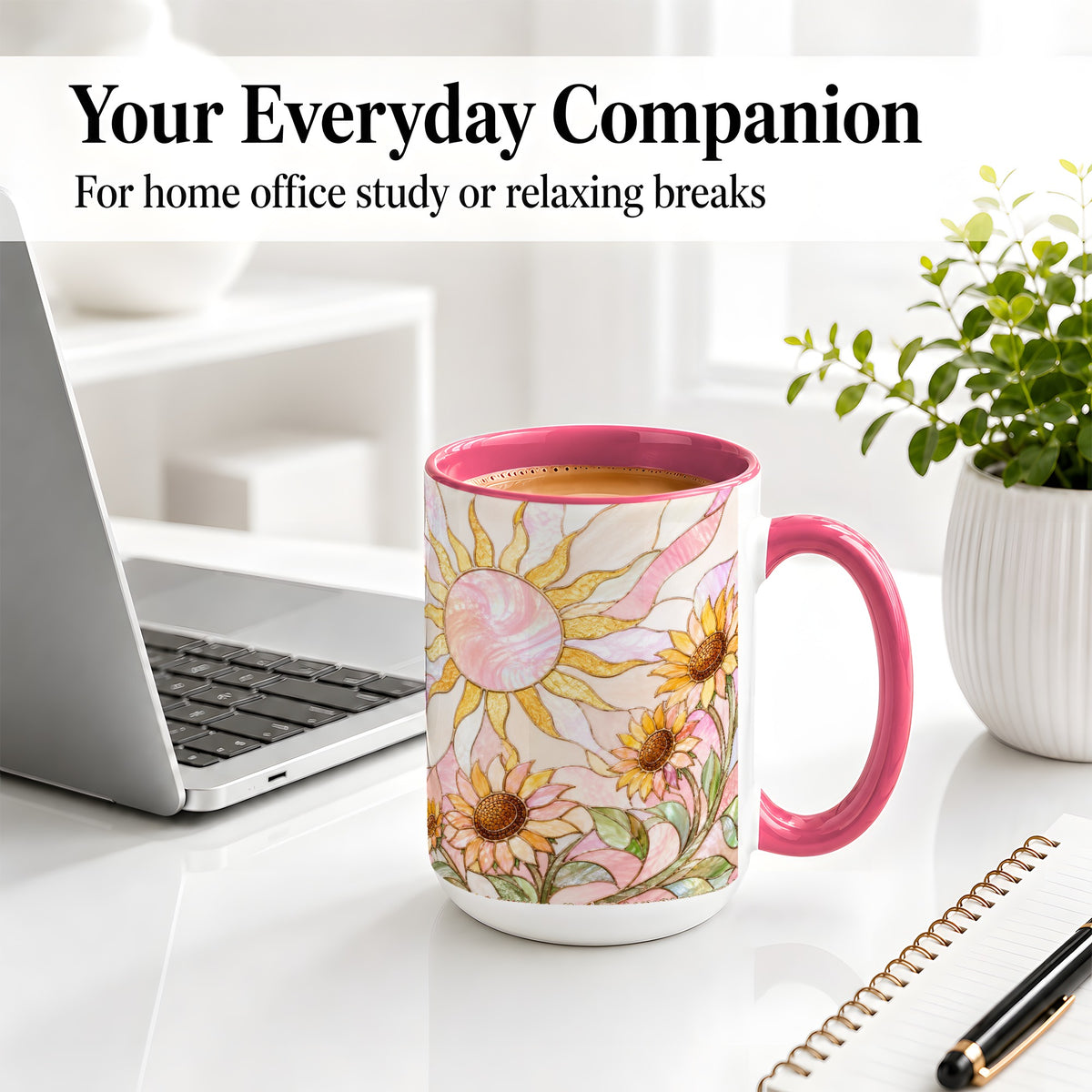 #pl[15oz|Pink] Stained Glass Sunflower Ceramic Mug, Pastel Sun Art for Flower Fans