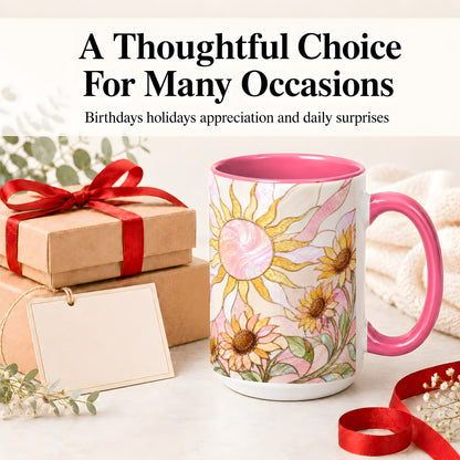 #pl[15oz|Pink] Stained Glass Sunflower Ceramic Mug, Pastel Sun Art for Flower Fans