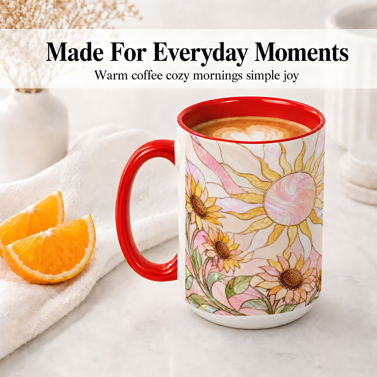#pl[15oz|Red] Stained Glass Sunflower Ceramic Mug, Pastel Sun Art for Flower Fans