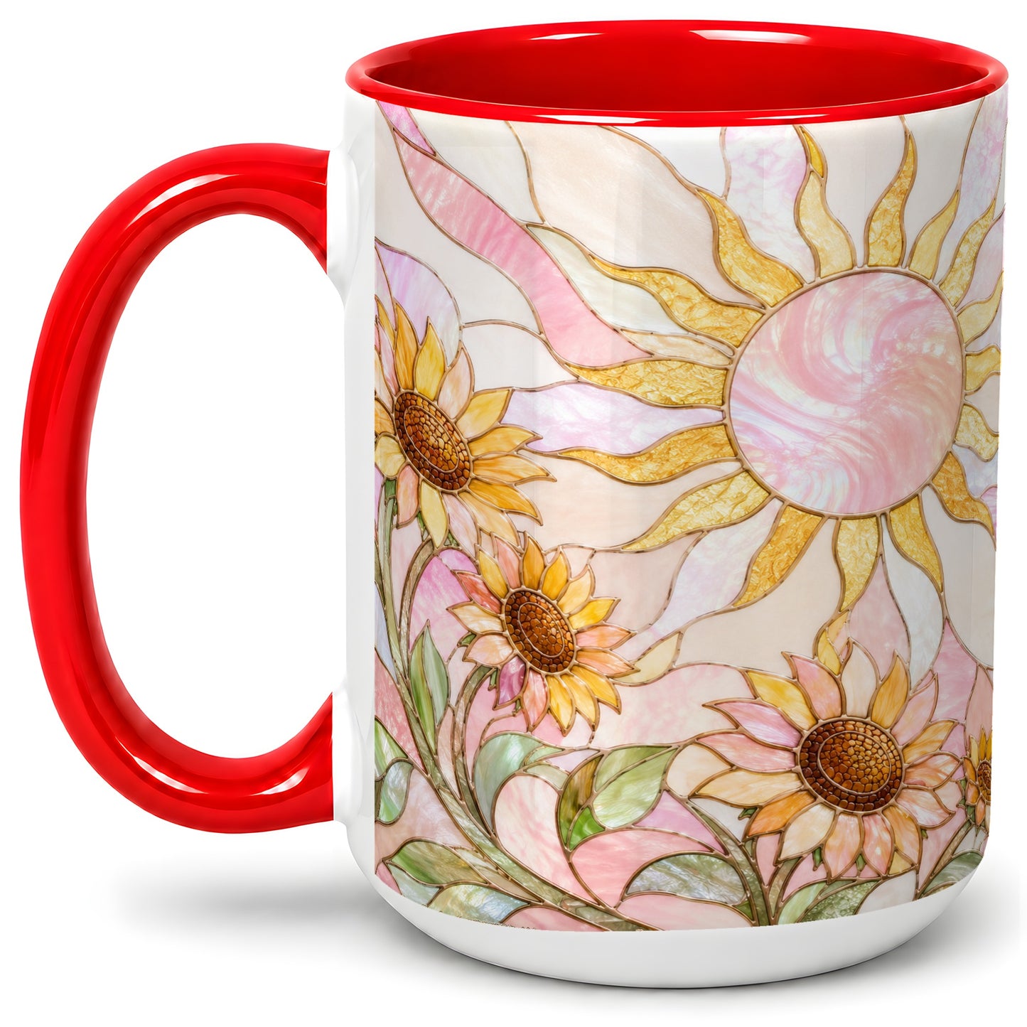 #pl[15oz|Red] Stained Glass Sunflower Ceramic Mug, Pastel Sun Art for Flower Fans