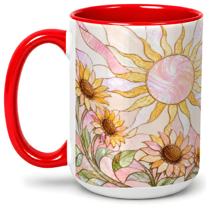 #pl[15oz|Red] Stained Glass Sunflower Ceramic Mug, Pastel Sun Art for Flower Fans