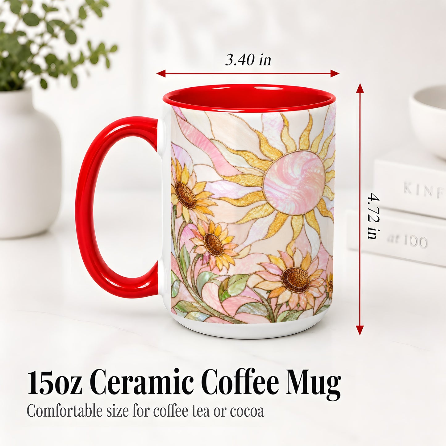 #pl[15oz|Red] Stained Glass Sunflower Ceramic Mug, Pastel Sun Art for Flower Fans