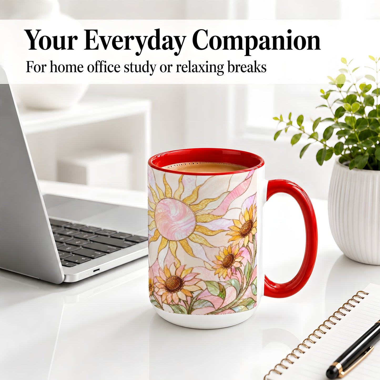 #pl[15oz|Red] Stained Glass Sunflower Ceramic Mug, Pastel Sun Art for Flower Fans
