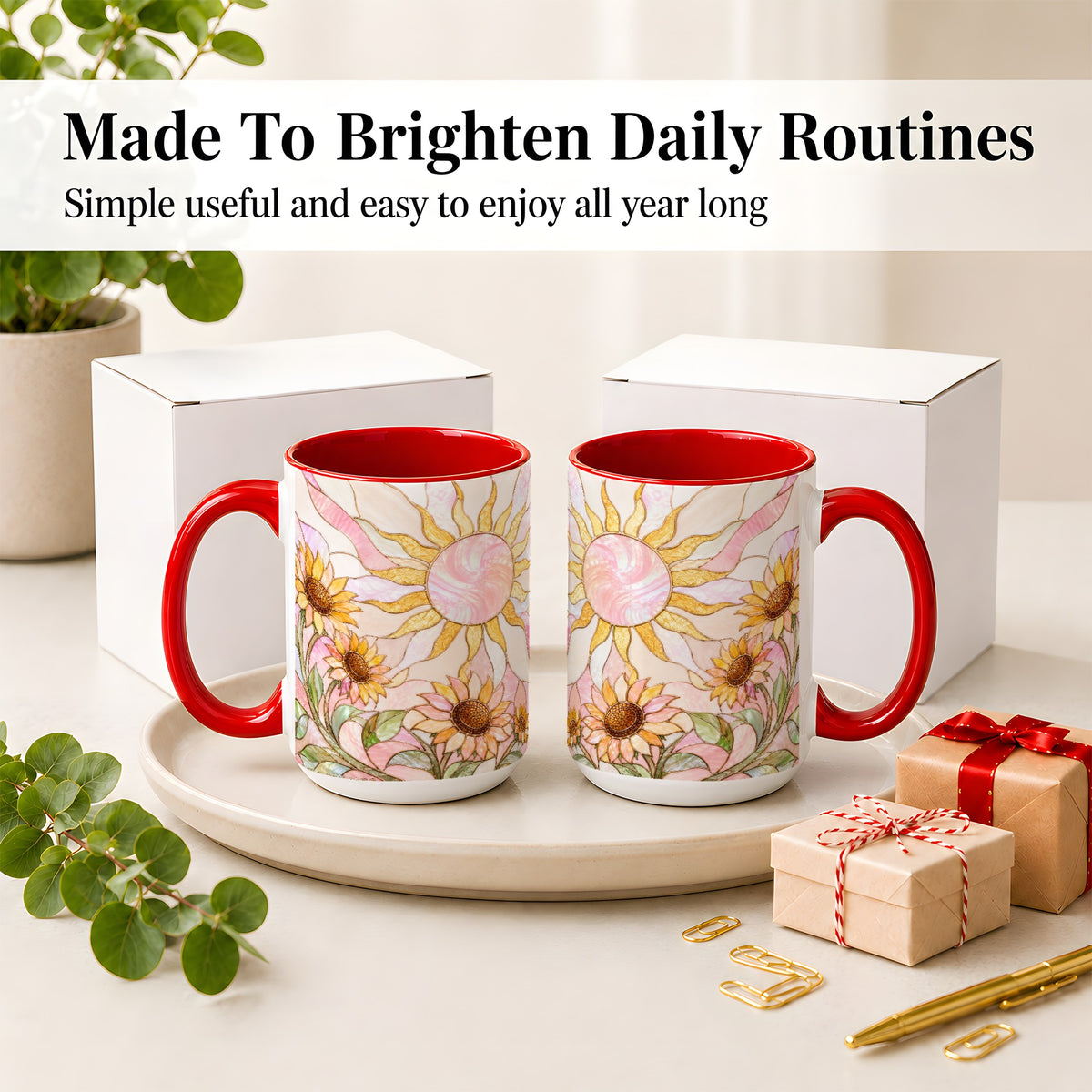 #pl[15oz|Red] Stained Glass Sunflower Ceramic Mug, Pastel Sun Art for Flower Fans