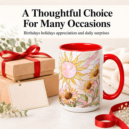 #pl[15oz|Red] Stained Glass Sunflower Ceramic Mug, Pastel Sun Art for Flower Fans