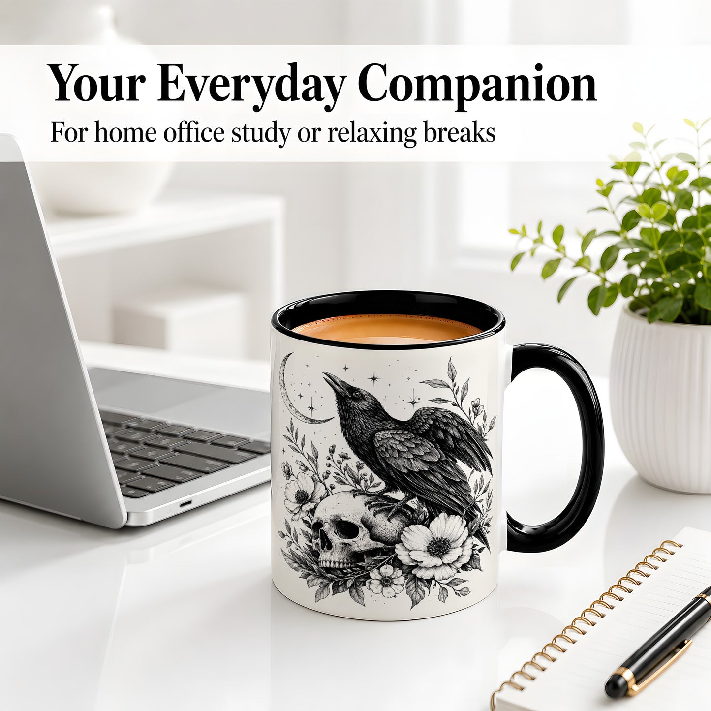 #pl[11oz|Black] Raven Skull Floral Ceramic Mug, Crescent Moon Gothic Artwork