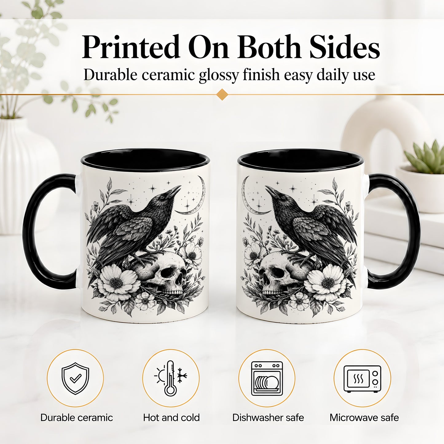 #pl[11oz|Black] Raven Skull Floral Ceramic Mug, Crescent Moon Gothic Artwork