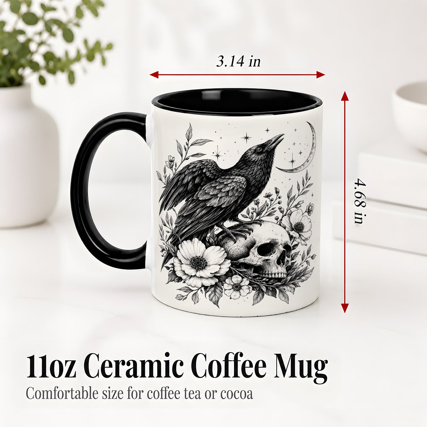 #pl[11oz|Black] Raven Skull Floral Ceramic Mug, Crescent Moon Gothic Artwork