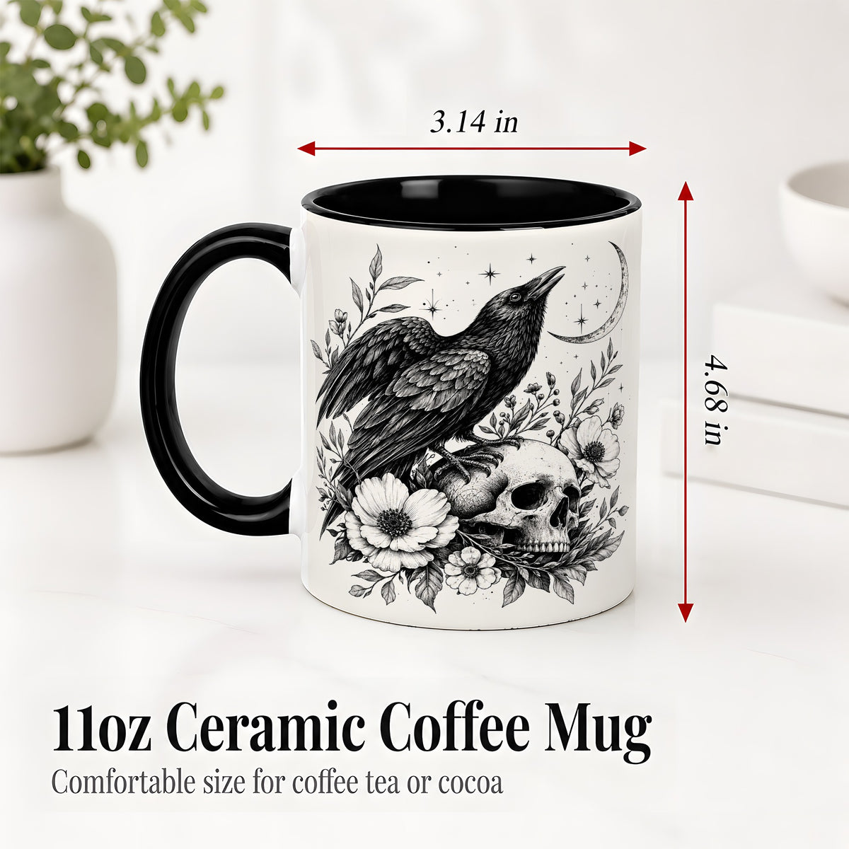 #pl[11oz|Black] Raven Skull Floral Ceramic Mug, Crescent Moon Gothic Artwork