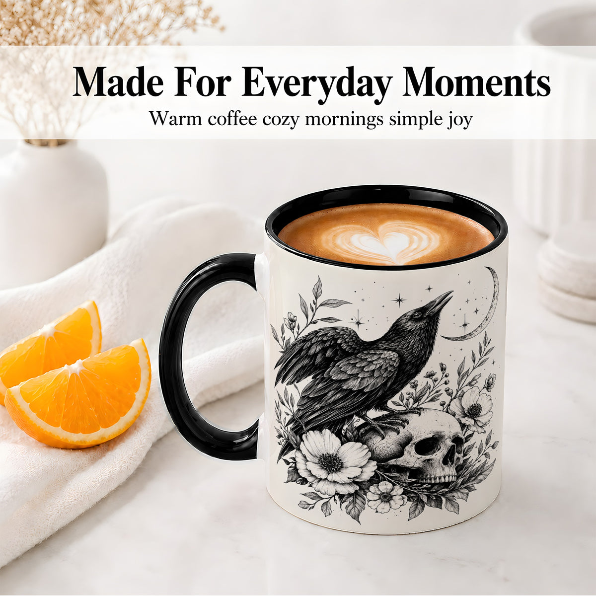 #pl[11oz|Black] Raven Skull Floral Ceramic Mug, Crescent Moon Gothic Artwork