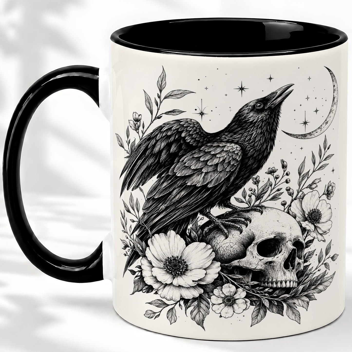 #pl[11oz|Black] Raven Skull Floral Ceramic Mug, Crescent Moon Gothic Artwork