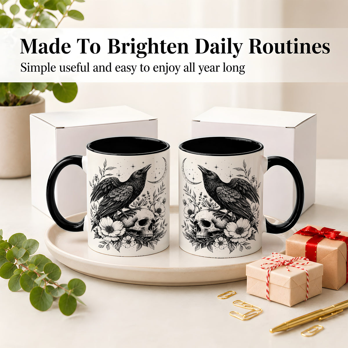 #pl[11oz|Black] Raven Skull Floral Ceramic Mug, Crescent Moon Gothic Artwork