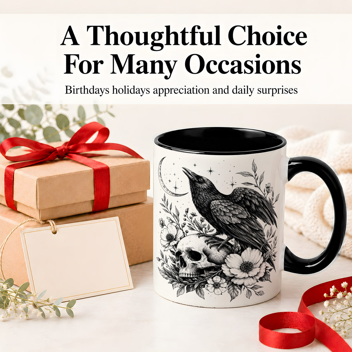 #pl[11oz|Black] Raven Skull Floral Ceramic Mug, Crescent Moon Gothic Artwork