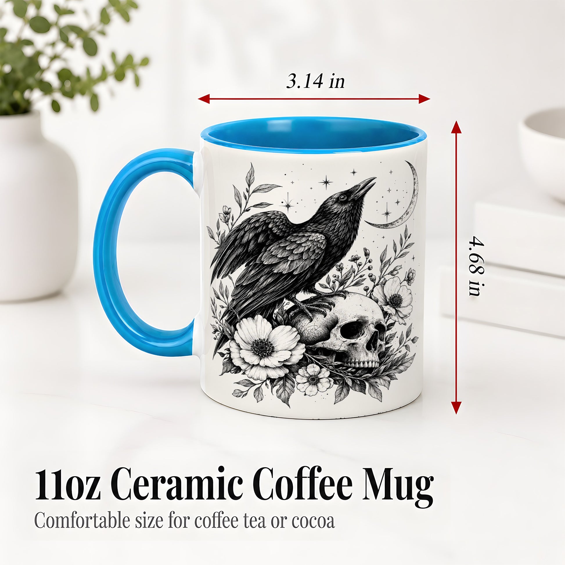 #pl[11oz|Blue] Raven Skull Floral Ceramic Mug, Crescent Moon Gothic Artwork
