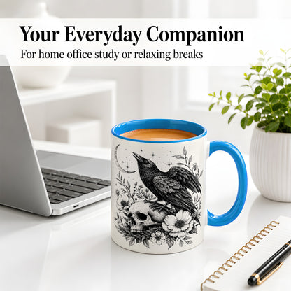 #pl[11oz|Blue] Raven Skull Floral Ceramic Mug, Crescent Moon Gothic Artwork