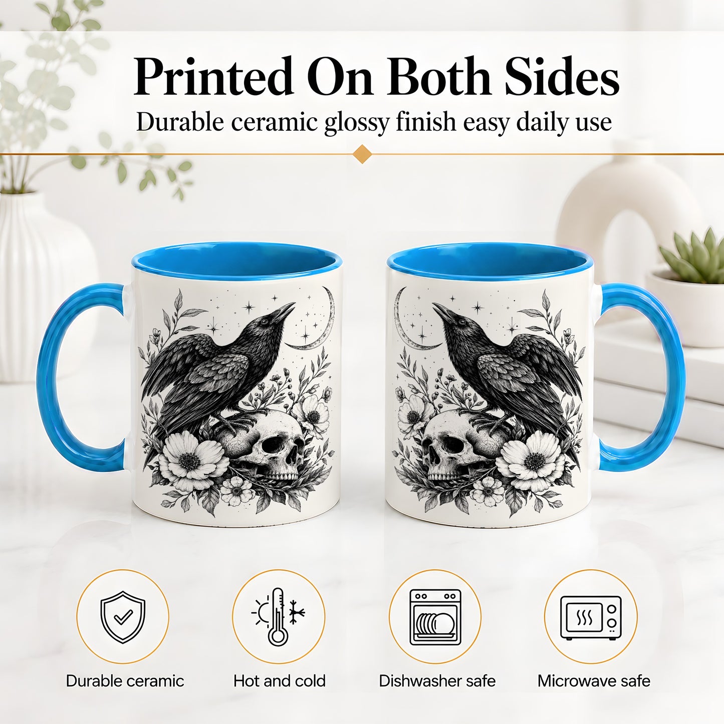 #pl[11oz|Blue] Raven Skull Floral Ceramic Mug, Crescent Moon Gothic Artwork