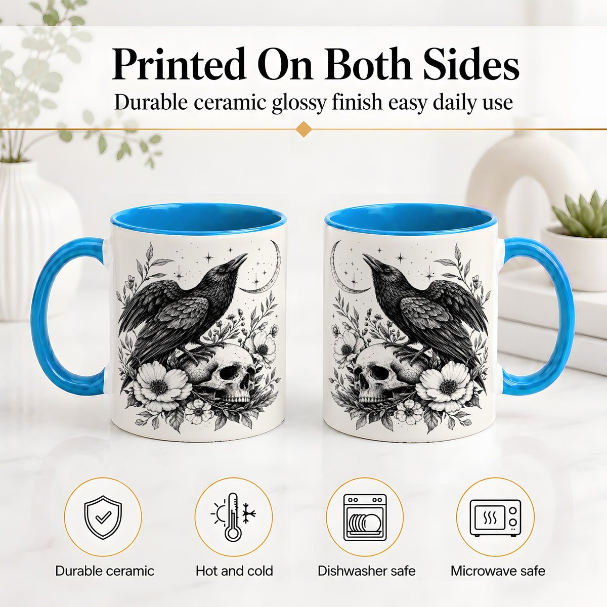 #pl[11oz|Blue] Raven Skull Floral Ceramic Mug, Crescent Moon Gothic Artwork