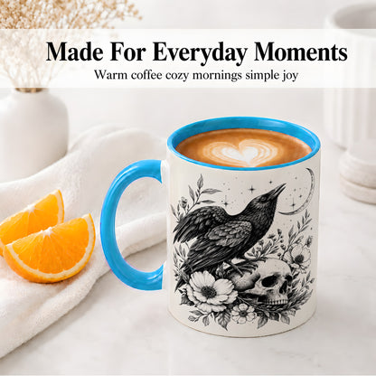 #pl[11oz|Blue] Raven Skull Floral Ceramic Mug, Crescent Moon Gothic Artwork