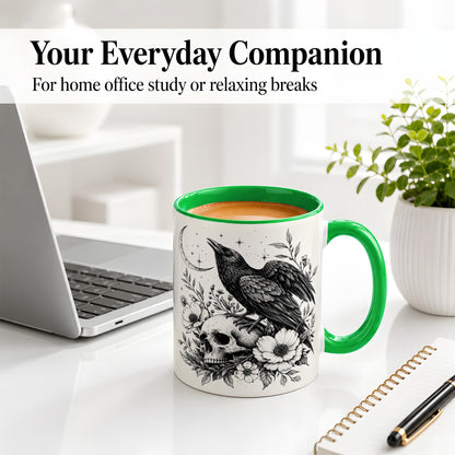 #pl[11oz|Green] Raven Skull Floral Ceramic Mug, Crescent Moon Gothic Artwork
