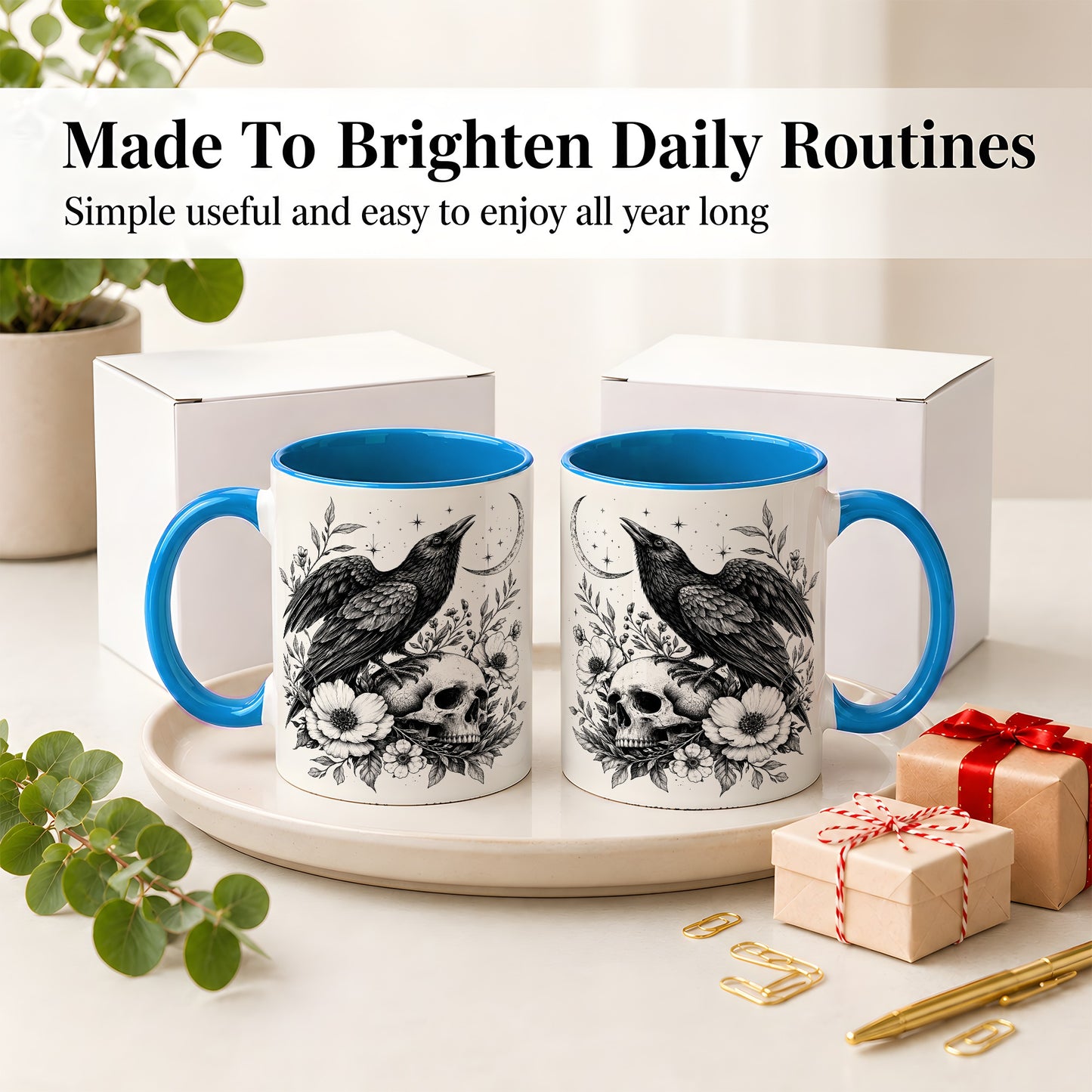 #pl[11oz|Blue] Raven Skull Floral Ceramic Mug, Crescent Moon Gothic Artwork