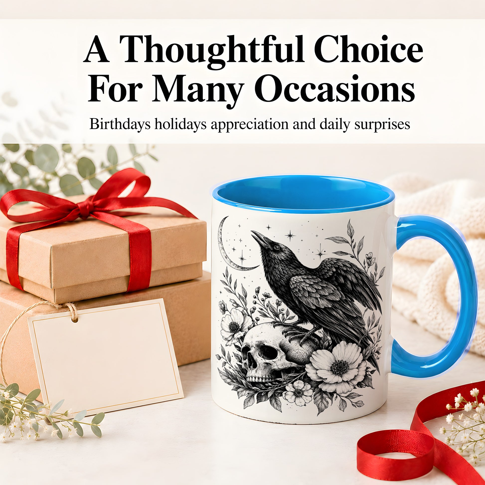 #pl[11oz|Blue] Raven Skull Floral Ceramic Mug, Crescent Moon Gothic Artwork