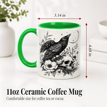 #pl[11oz|Green] Raven Skull Floral Ceramic Mug, Crescent Moon Gothic Artwork