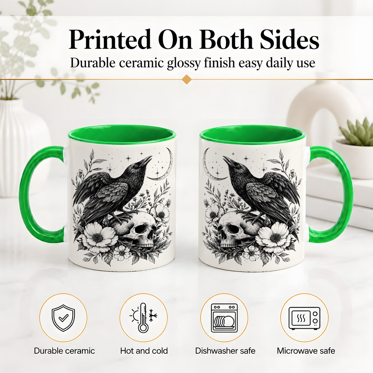 #pl[11oz|Green] Raven Skull Floral Ceramic Mug, Crescent Moon Gothic Artwork
