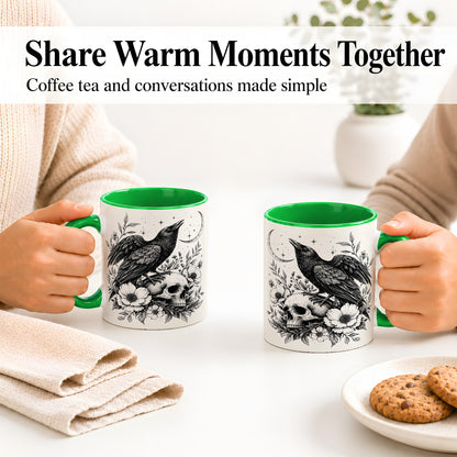#pl[11oz|Green] Raven Skull Floral Ceramic Mug, Crescent Moon Gothic Artwork