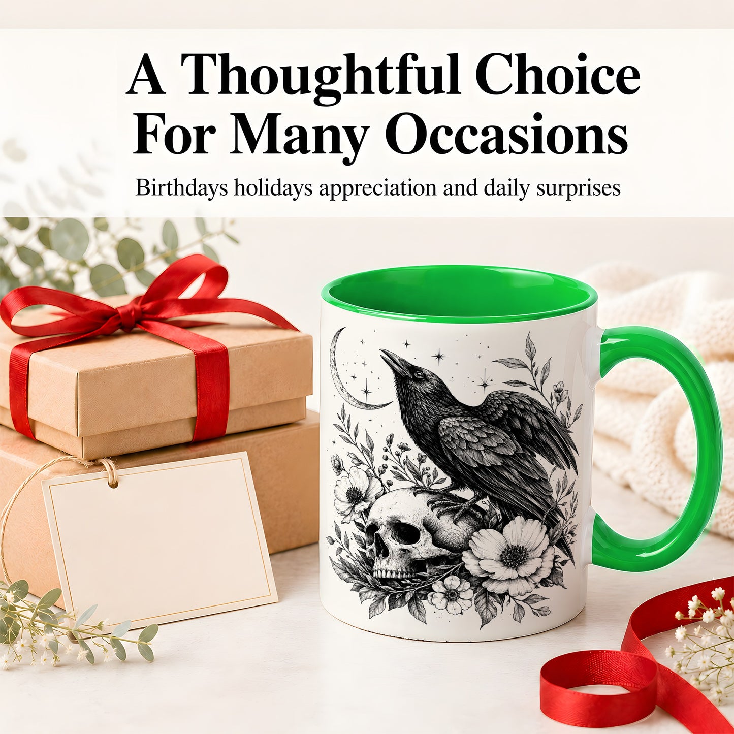 #pl[11oz|Green] Raven Skull Floral Ceramic Mug, Crescent Moon Gothic Artwork