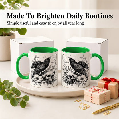#pl[11oz|Green] Raven Skull Floral Ceramic Mug, Crescent Moon Gothic Artwork